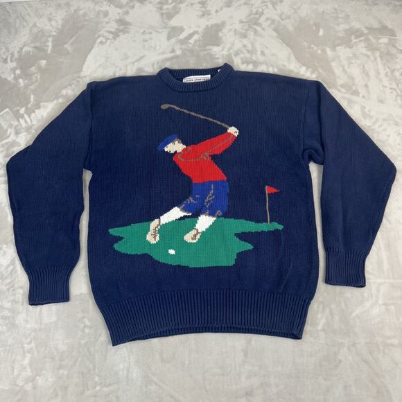 VTG Golf Scene Sweater Adult Large Blue Novelty Knit Preppy Retro 90s Grandpa - Picture 1 of 9